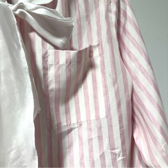 💙 Vintage Savant Pink White Striped Tie Neck Secretary Blouse Size Large Retro - Picture 9 of 16